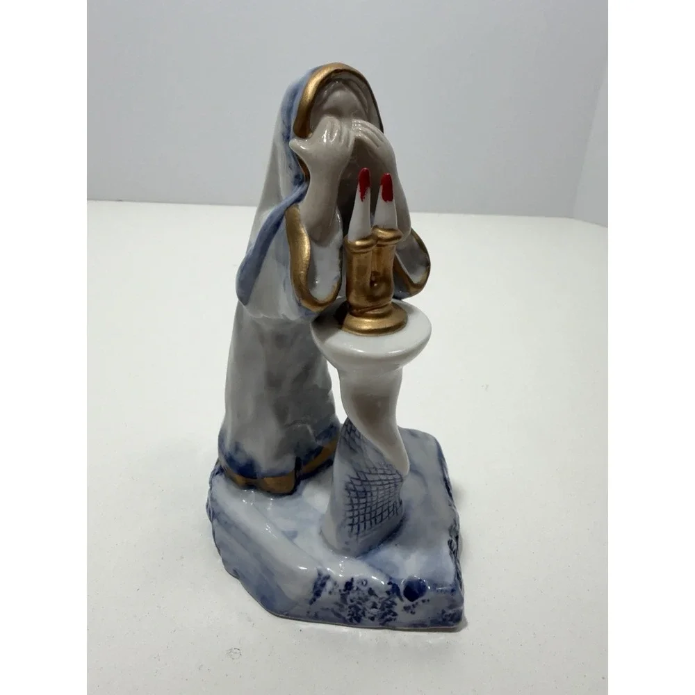 White & Blue Ceramic Sculpture A Woman is Blessing For Shabbat Candles 6.5